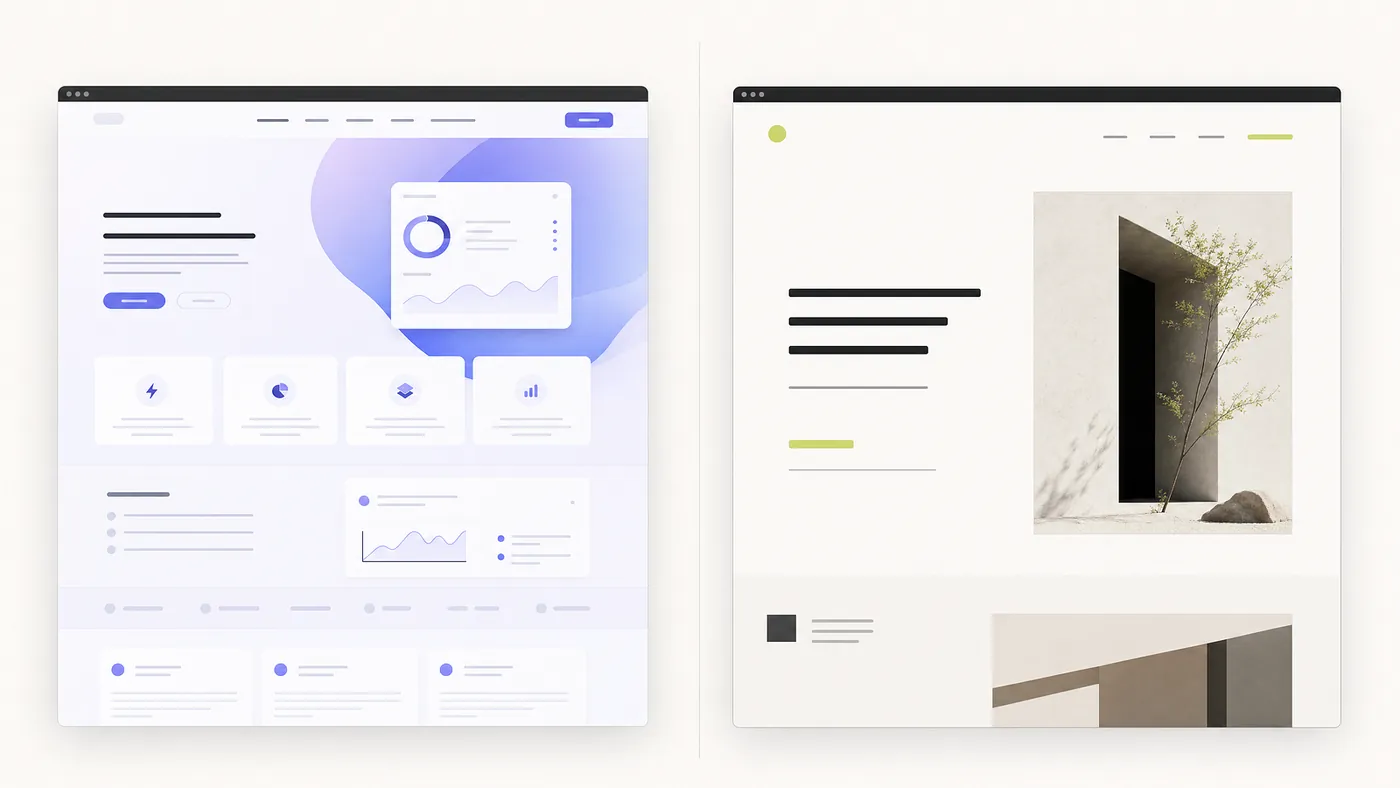Two website mockups side by side — a generic gradient template beside a calmer editorial layout.