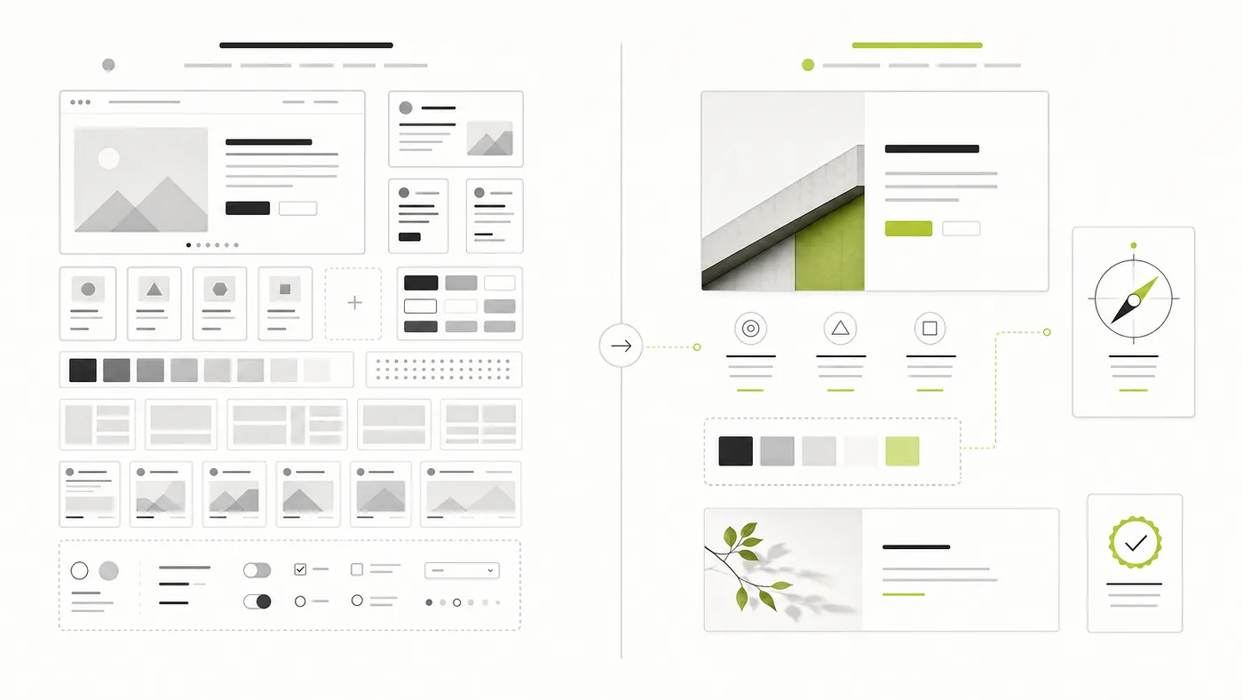 Output versus judgment: a diagram contrasting layout, copy and components with positioning, hierarchy, restraint and proof.