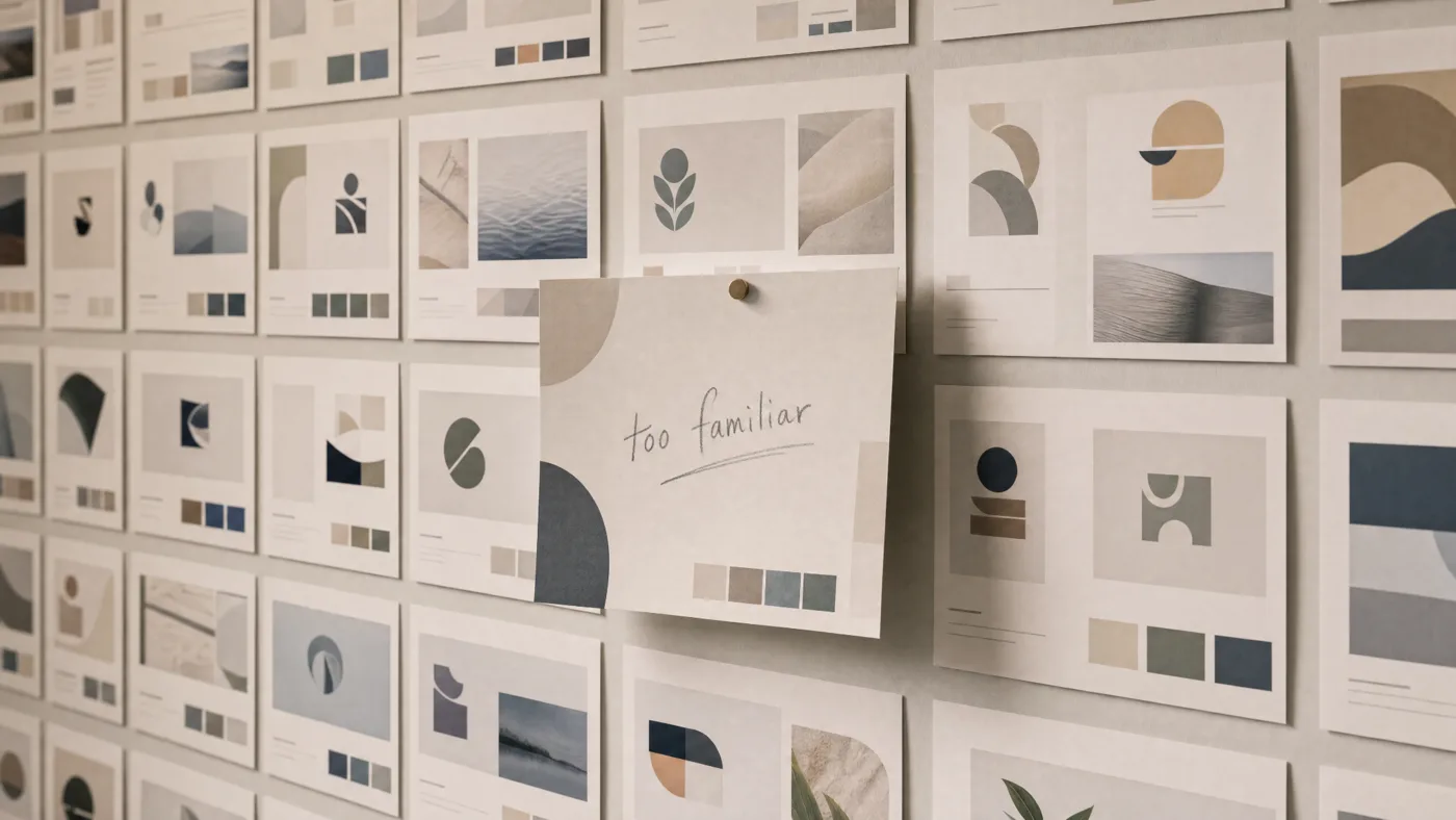A wall of near-identical muted design swatches with a sticky note reading 'too familiar'.