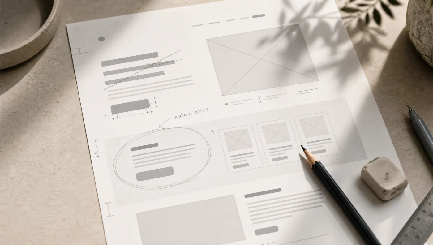 A website wireframe annotated by hand, one section circled with 'make it easier' written beside it.