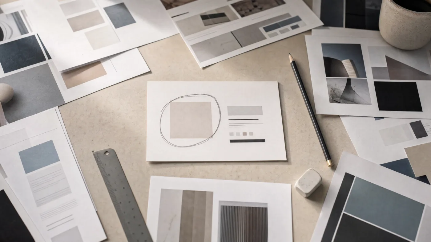 Printed design drafts spread across a desk with one layout sketch circled in the centre.