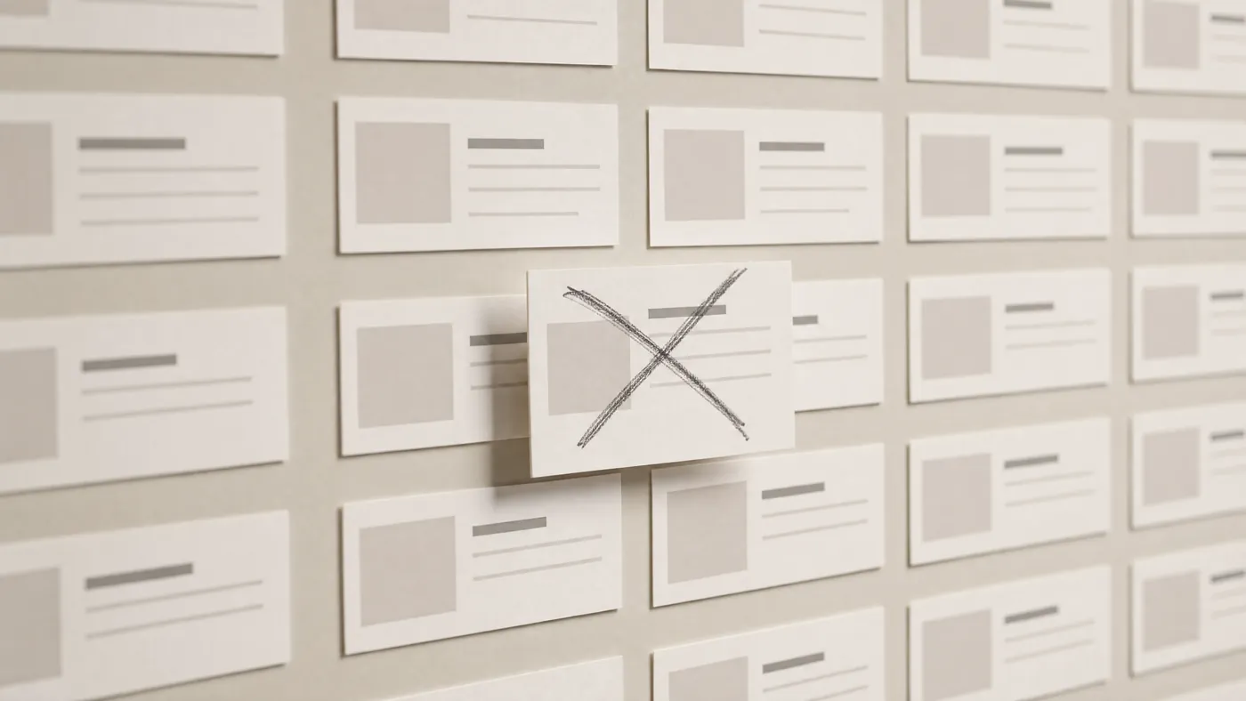 A grid of identical cards with one pulled out and crossed through — the discipline of saying no.