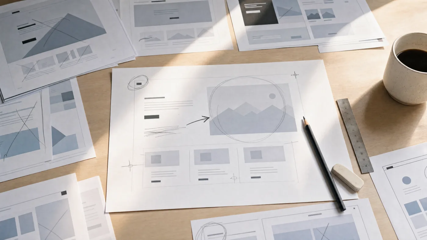 Hand-drawn website wireframe drafts spread across a desk, with one refined sketch chosen among the rejected ones.