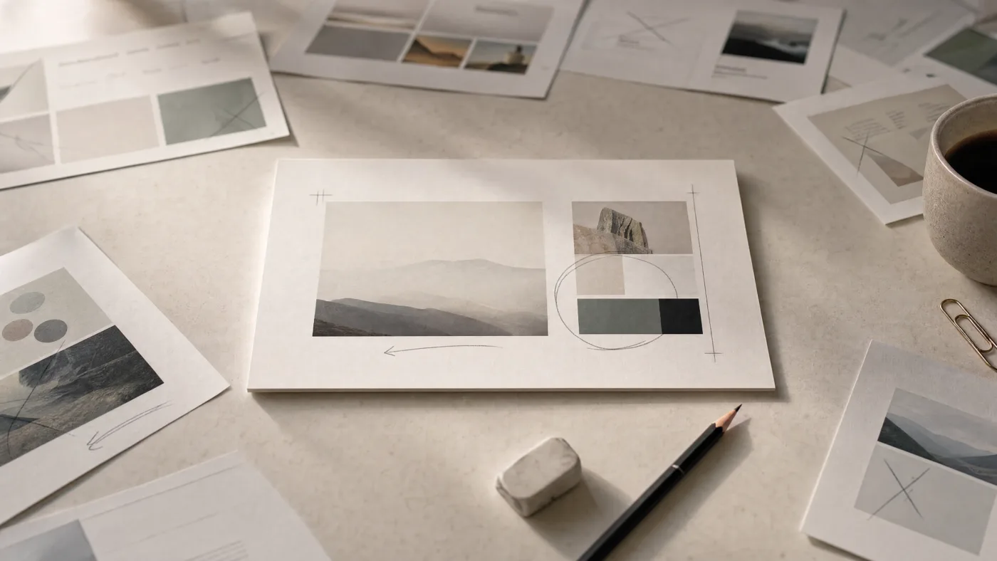 A refined layout selected among scattered drafts, marked with crop guides and an arrow.