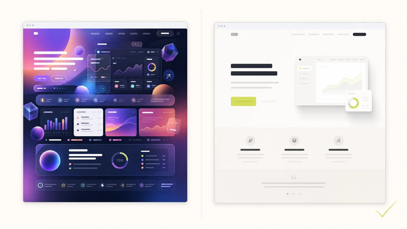Two website designs compared — a flashy gradient layout beside a clean editorial one.
