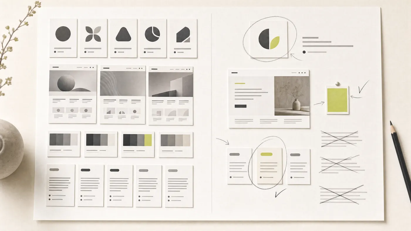 An editorial board — generated options on the left, a person selecting and marking up the few that belong on the right.