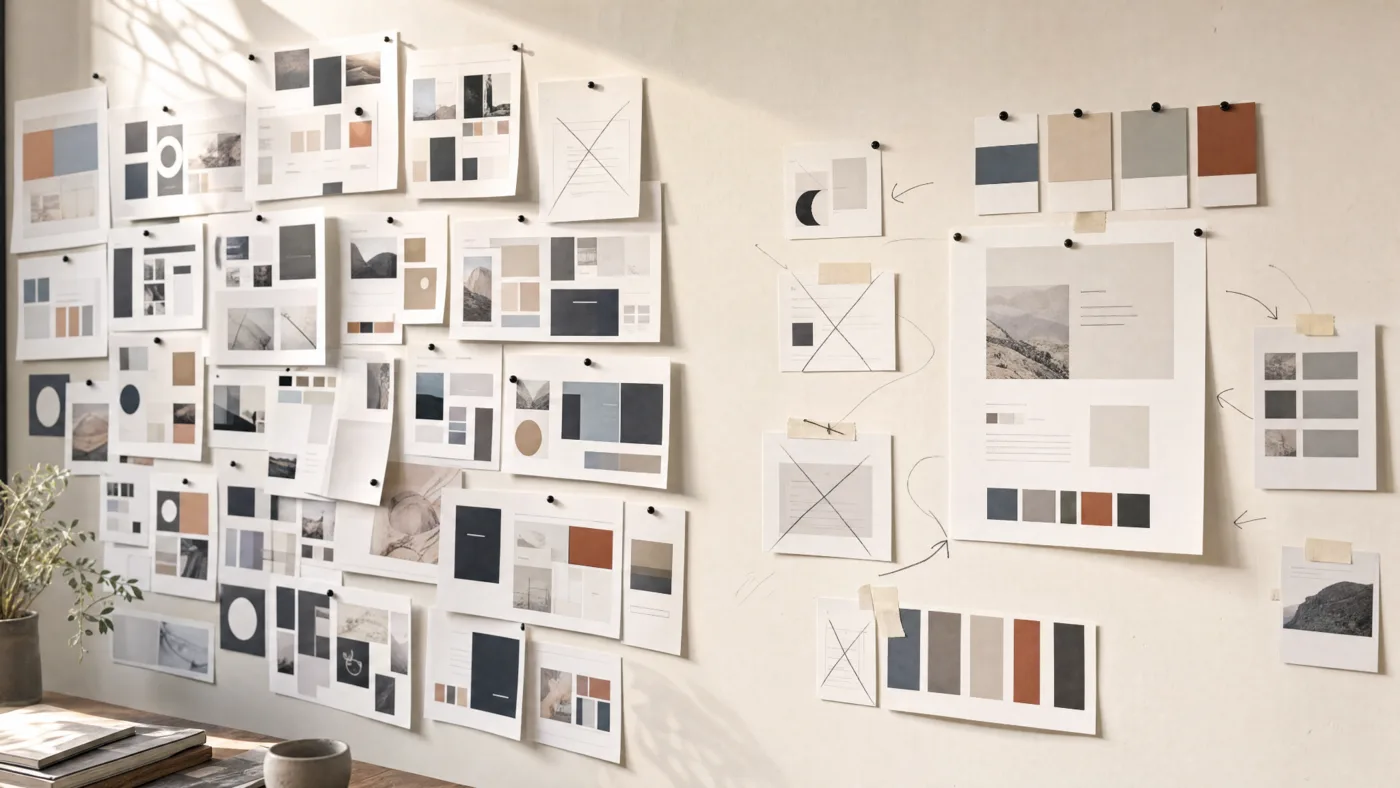 A wall of pinned design boards, several crossed out, with arrows pointing to the few chosen ones.