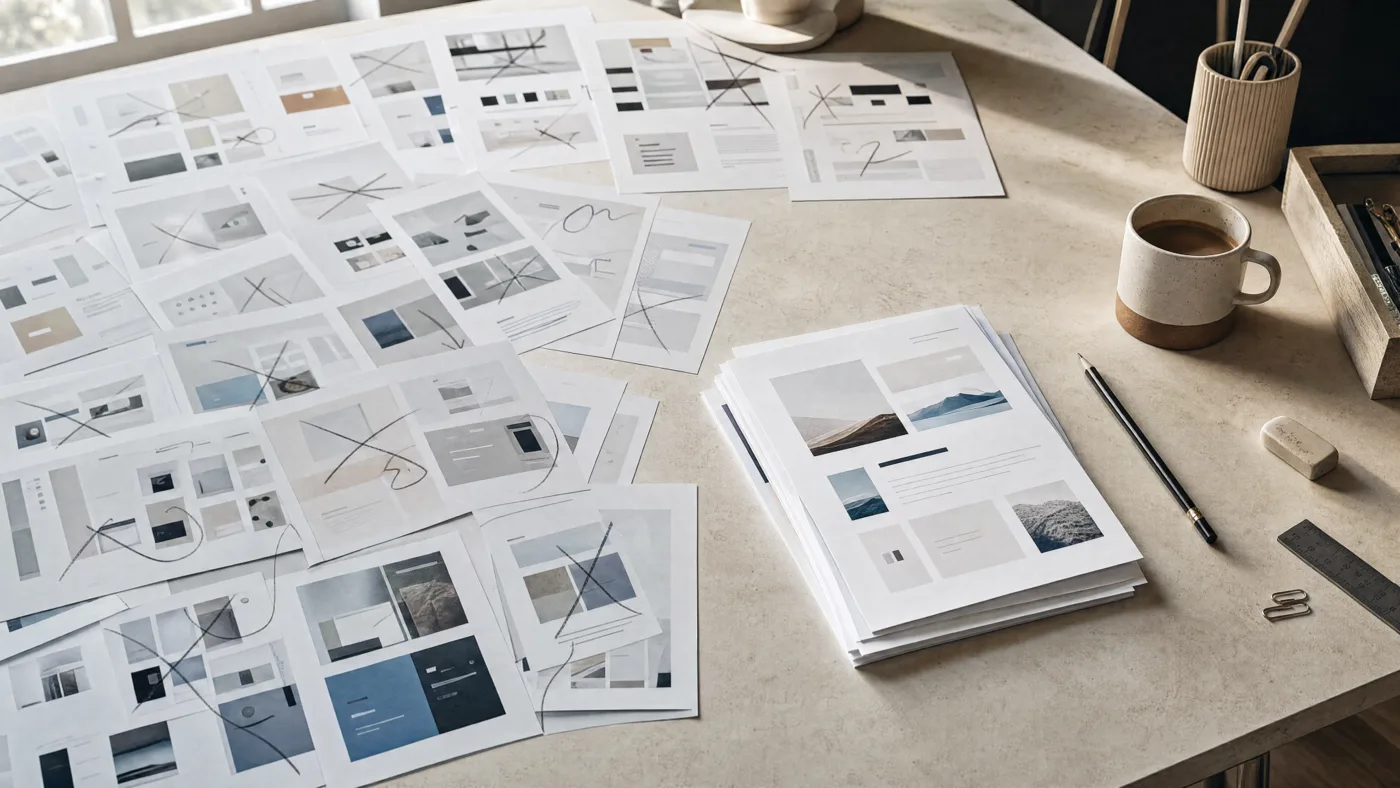 A desk covered with printed layout options, most crossed out, beside one small stack kept aside.