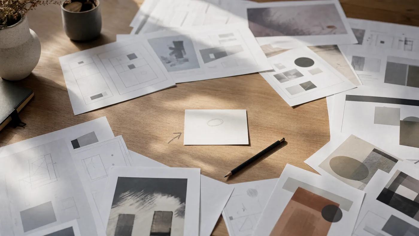 A desk scattered with many design options around one blank card — more output, still no decision.