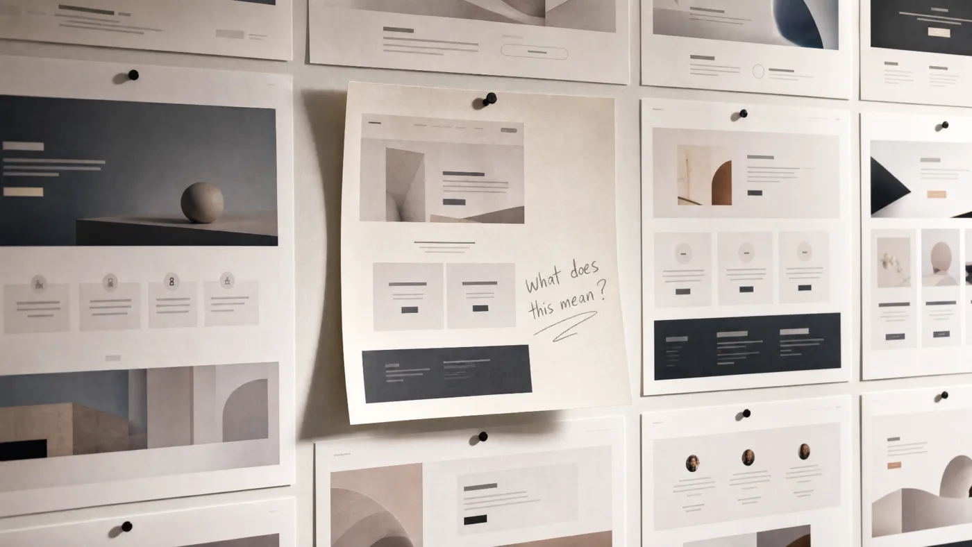 A wall of pinned website layout printouts with one in the centre marked by hand 'What does this mean?'