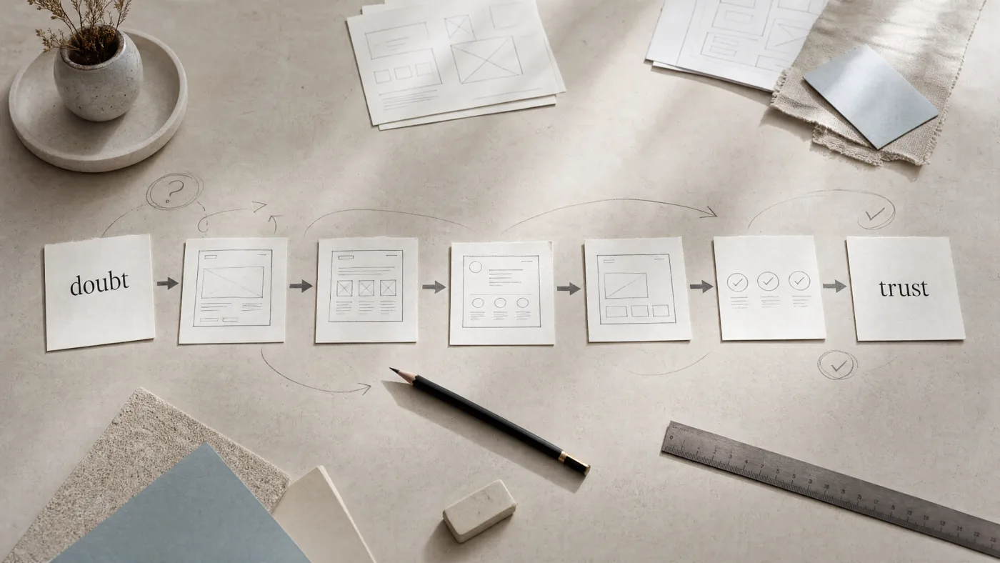 Paper cards arranged from 'doubt' through page sections to 'trust', connected by arrows.