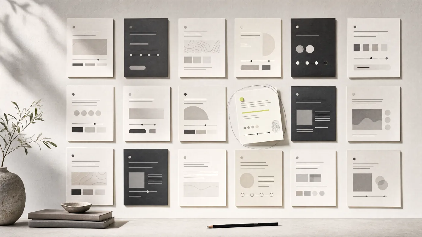 A wall of near-identical layout sheets with a single one highlighted — the one that stands out.