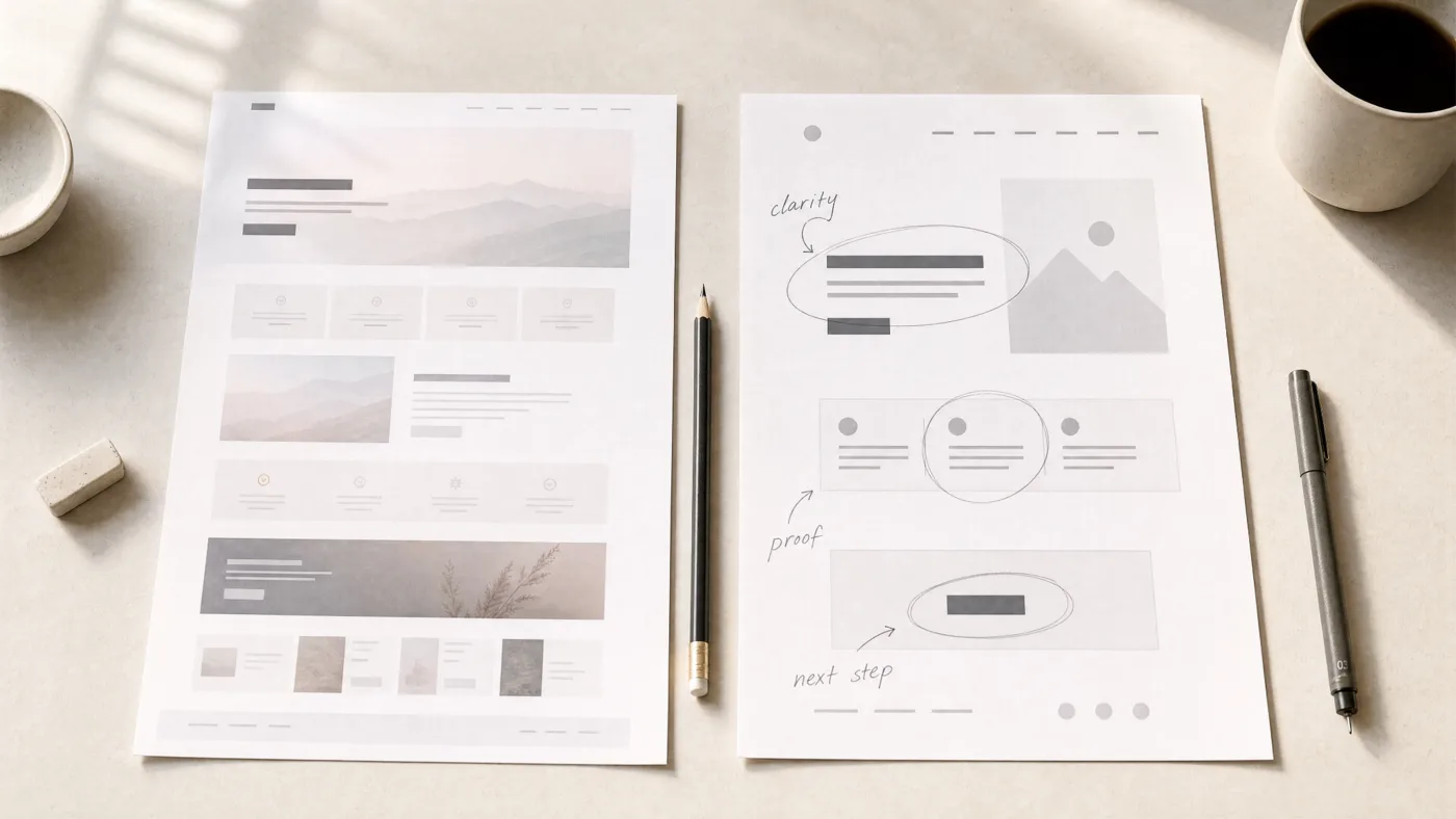 Two printed website layouts on a desk, one annotated by hand with 'clarity', 'proof' and 'next step'.