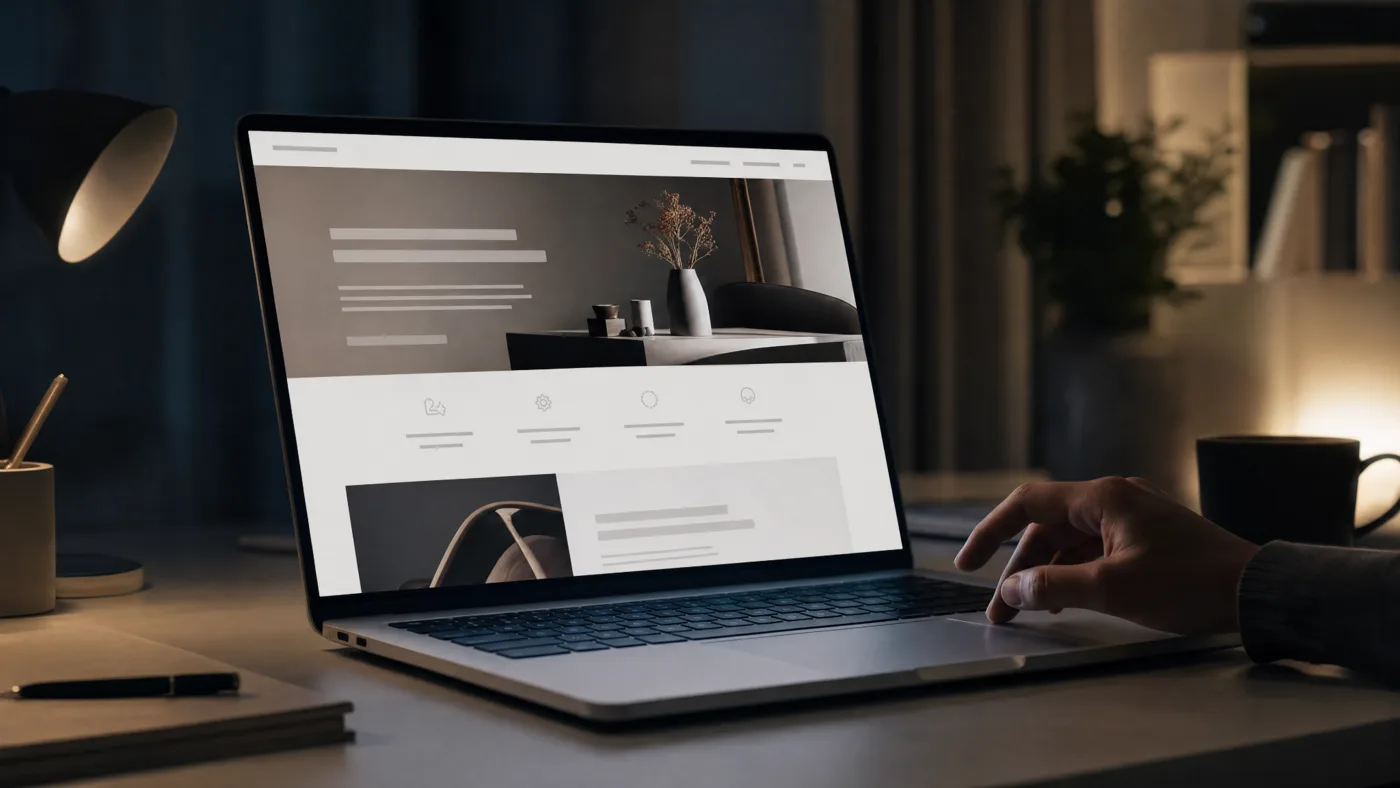 A person viewing a calm, clearly structured website on a laptop at an evening desk.
