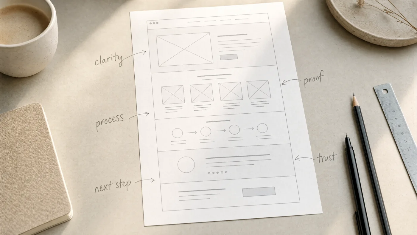 A website wireframe annotated by hand — clarity, proof, process, trust, next step — beside each section.